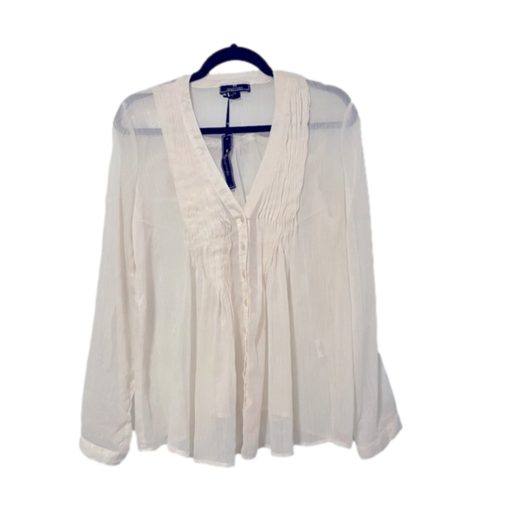 🛍️NWT Seductions sheer cream blouse size L pleated bust vneck button down top